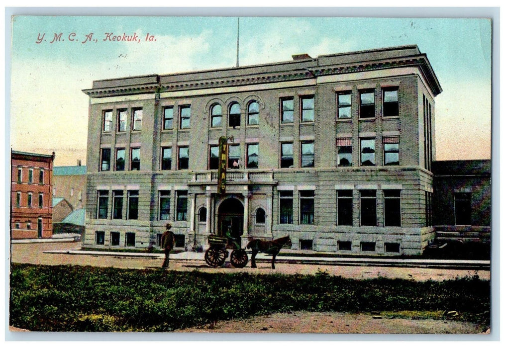 1912 YMCA Building Facade View Horse Carriage Dirt Road Keokuk Iowa IA Postcard