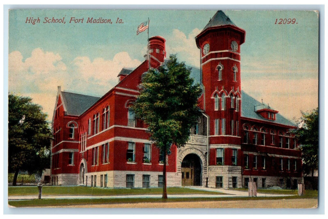 c1950 High School Campus Building Facade Flag Tree Fort Madison Iowa IA Postcard