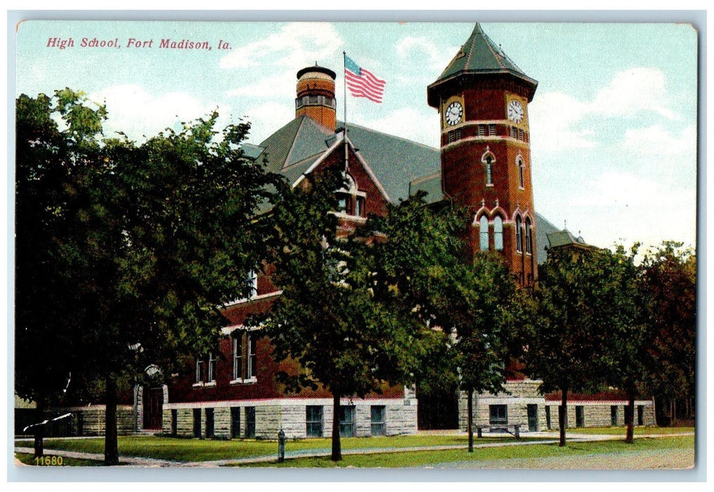 c1950 High School Campus Building Clock Tower Flag Fort Madison Iowa IA Postcard