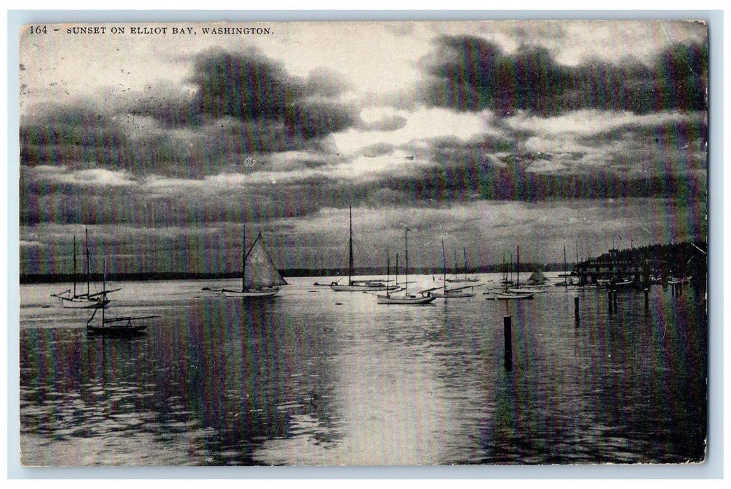 1907 Sunset On Elliot Bay Beach Sailboat Scene Tacoma Washington WA Postcard