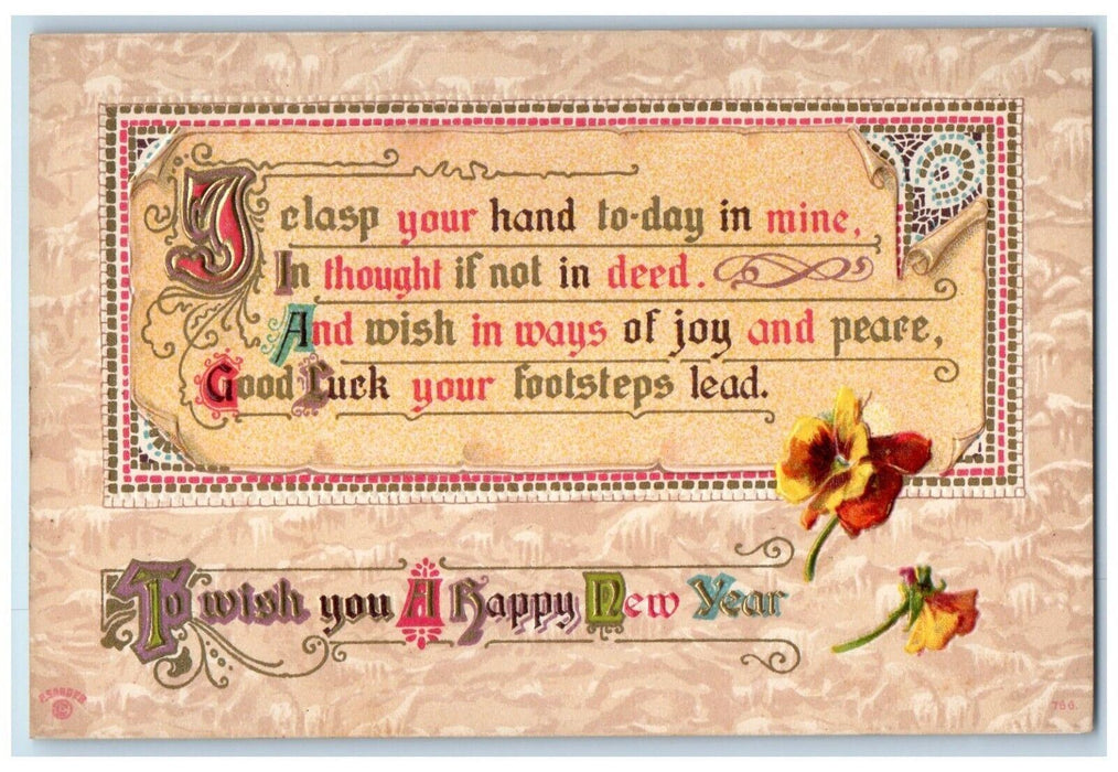 c1910's Happy New Year Poem Flowers Embossed Sander Unposted Antique Postcard