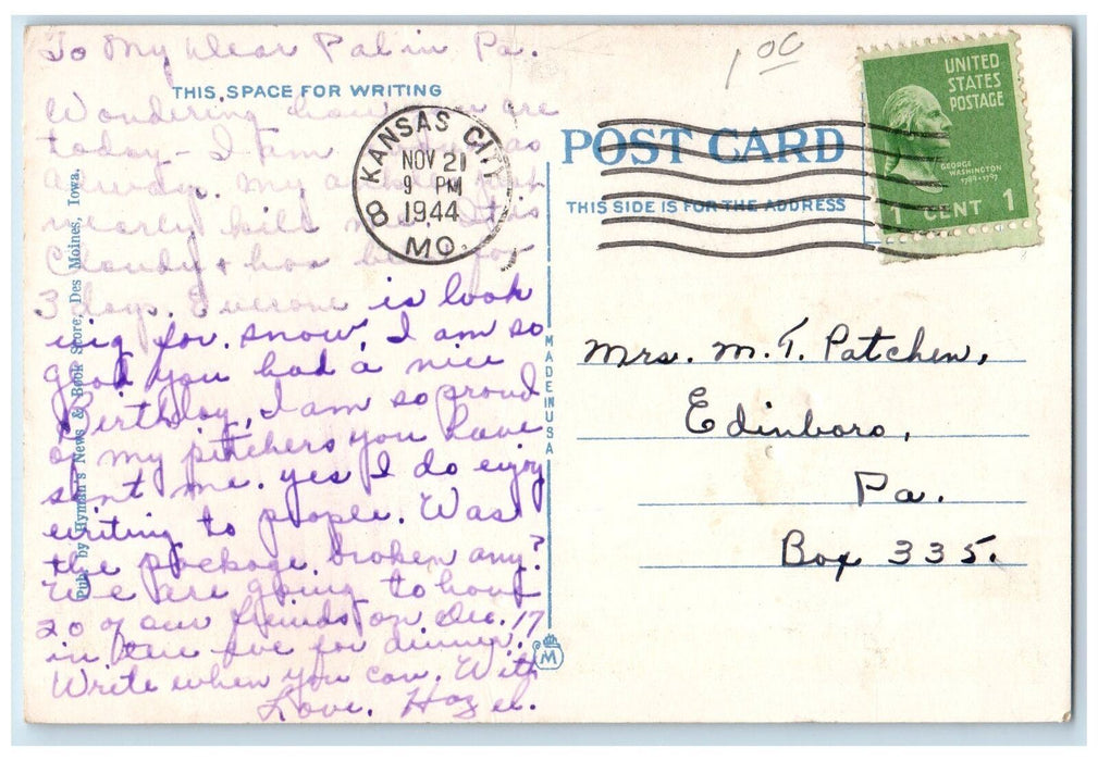 1944 Mercy Hospital Building View Classic Car Road Des Moines Iowa IA Postcard