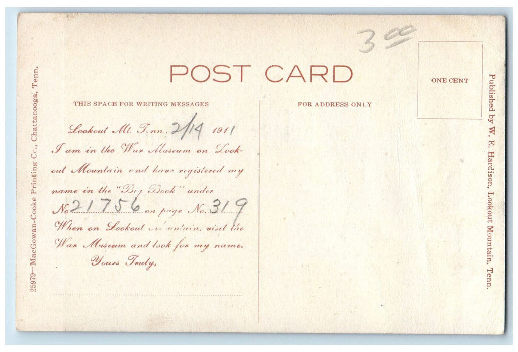 1911 View Of War Museum Lookout Mountain Tennessee TN Antique Posted Postcard