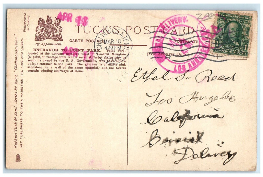 1908 Entrance To Point Park Chattanooga Tennessee TN Tuck's Antique Postcard