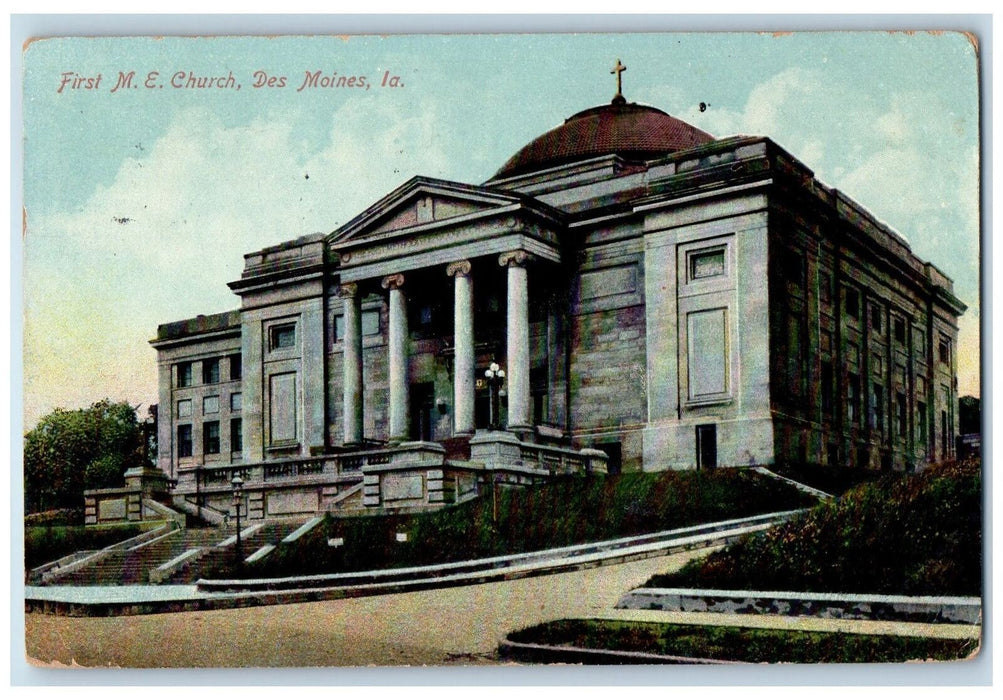 1910 First Methodical Episcopal Church Facade Cross Des Moines Iowa IA Postcard