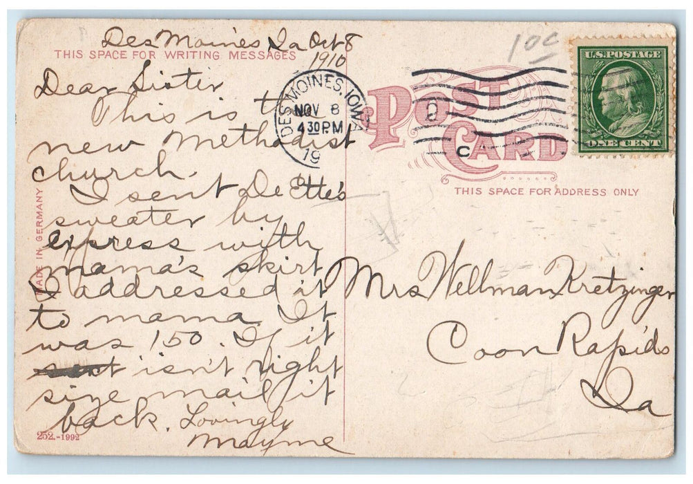 1910 First Methodical Episcopal Church Facade Cross Des Moines Iowa IA Postcard