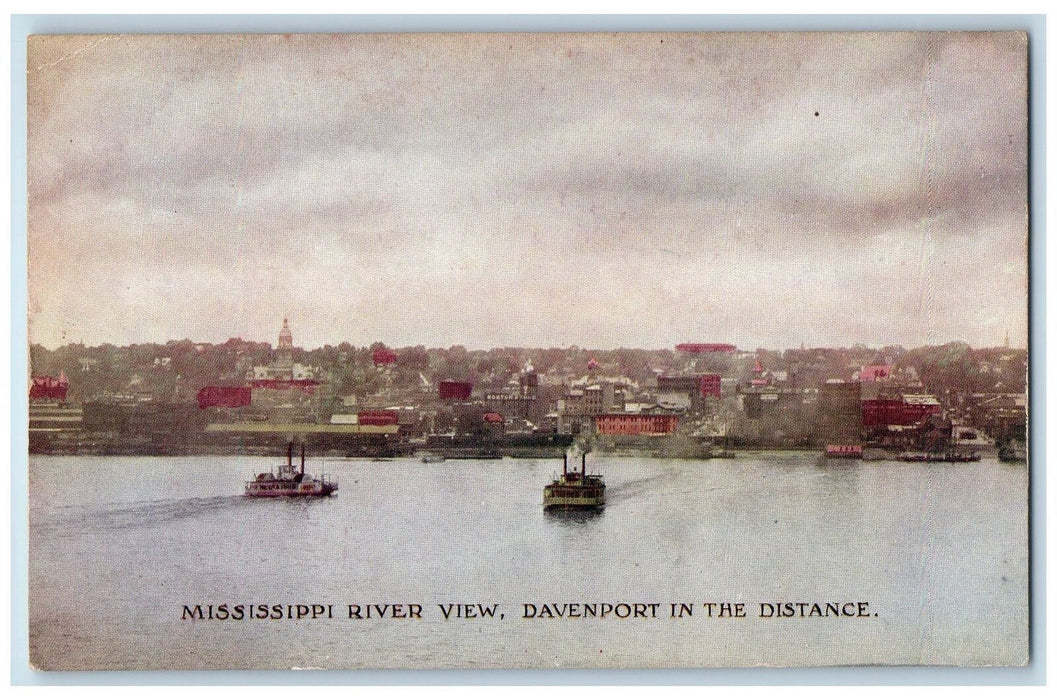 c1950's Mississippi River View Passenger Ferry Smokestacks Davenport IA Postcard