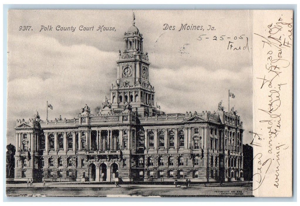 1905 Polk County Court House Building Facade Clock Des Moines Iowa IA Postcard