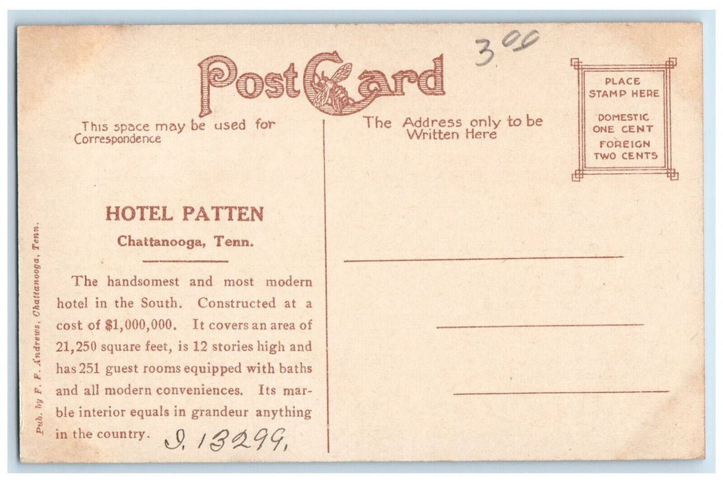 View Of The Hotel Patten Chattanooga Tennessee TN Advertising Antique Postcard