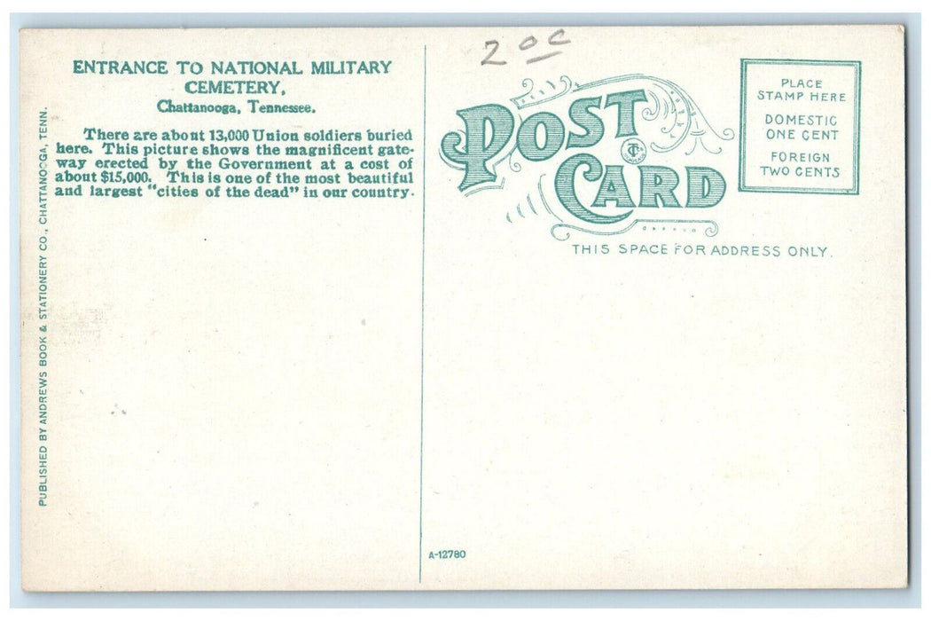 1911 Entrance To National Military Cemetery Chattanooga Tennessee TN Postcard