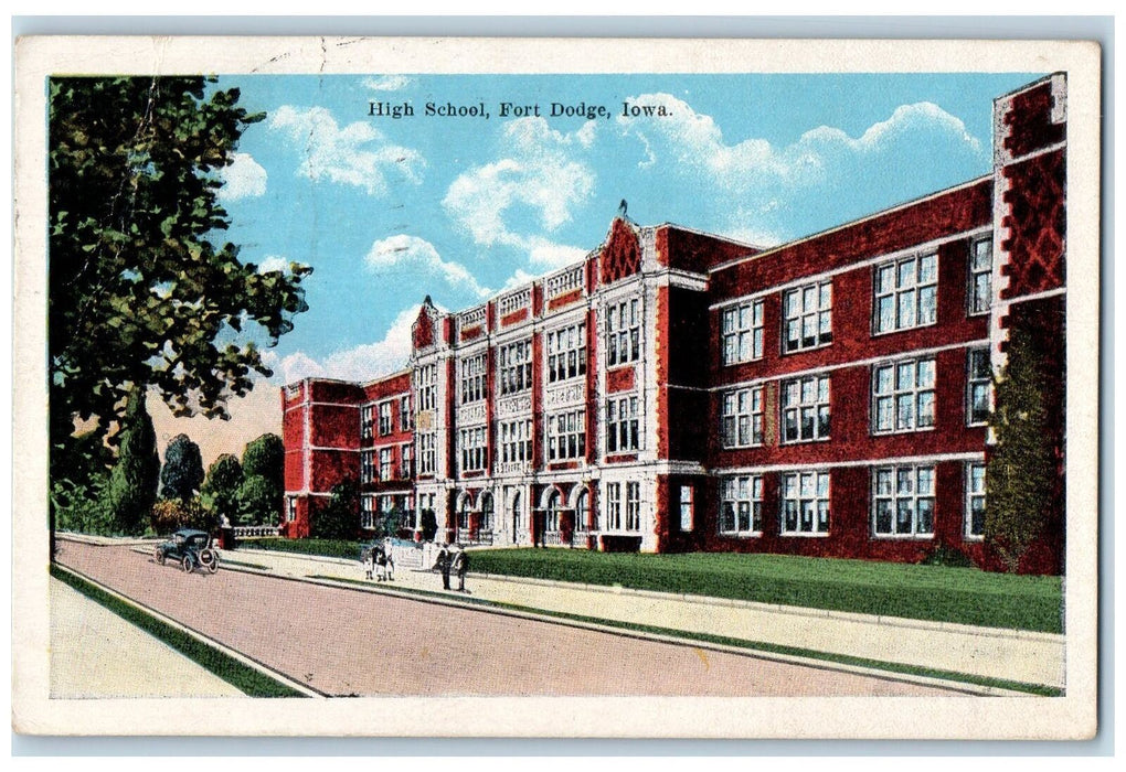 1923 High School Building Campus Student Classic Car Fort Dodge Iowa IA Postcard
