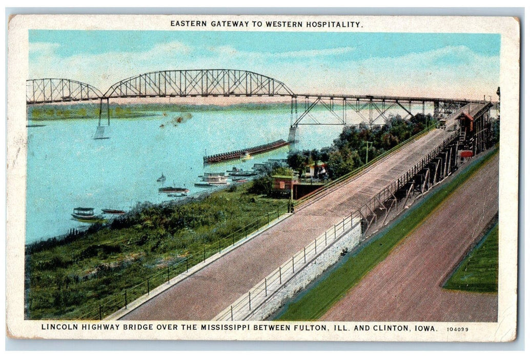 1926 Eastern Gateway To Western Hospitality Bridge River Clinton IA Postcard