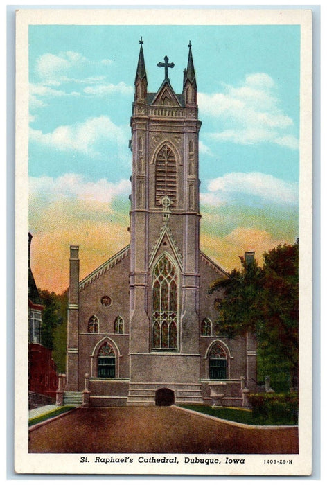 c1950 St. Rafael's Cathedral Tower Cross Building Entry Dubuque Iowa IA Postcard