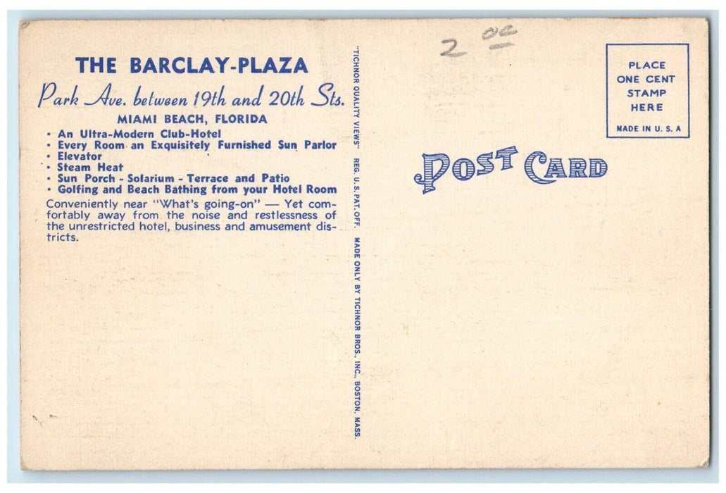 1940 Barclay Plaza Overlooking Golf Course Ocean Miami Beach Florida FL Postcard
