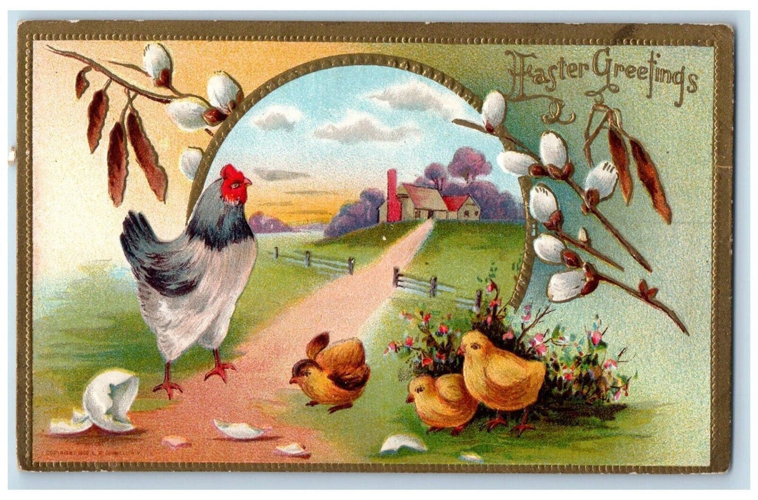 c1910's Easter Greetings Chicken Hen Chicks Hatched Eggs Embossed Postcard