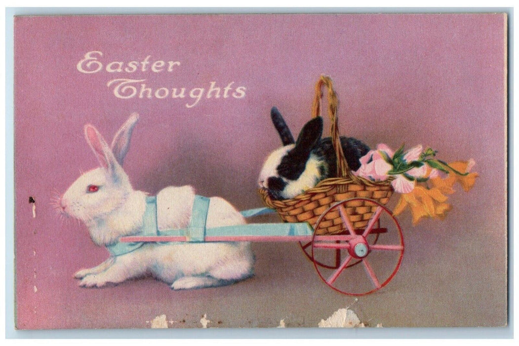 c1910's Easter Thoughts Bunny Rabbit Pulling Cart Basket Flowers Posted Postcard