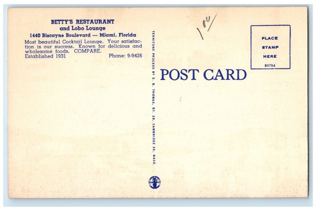 c1940 Betty Restaurant Lobo Lounge Multi-View Miami Florida FL Antique Postcard