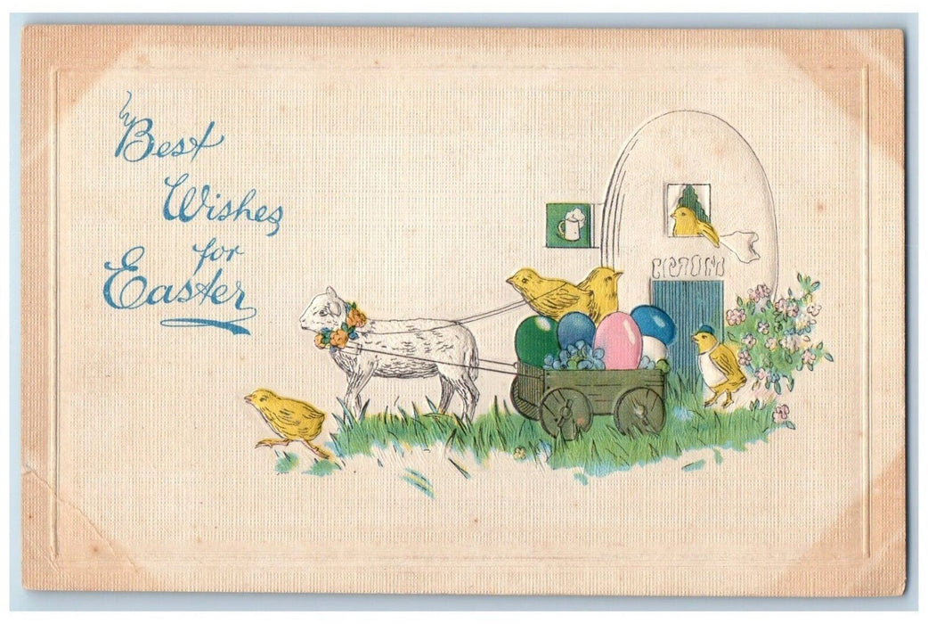 c1910's Easter Lamb Pulling Wagon Eggs Pansies Flowers Embossed Antique Postcard