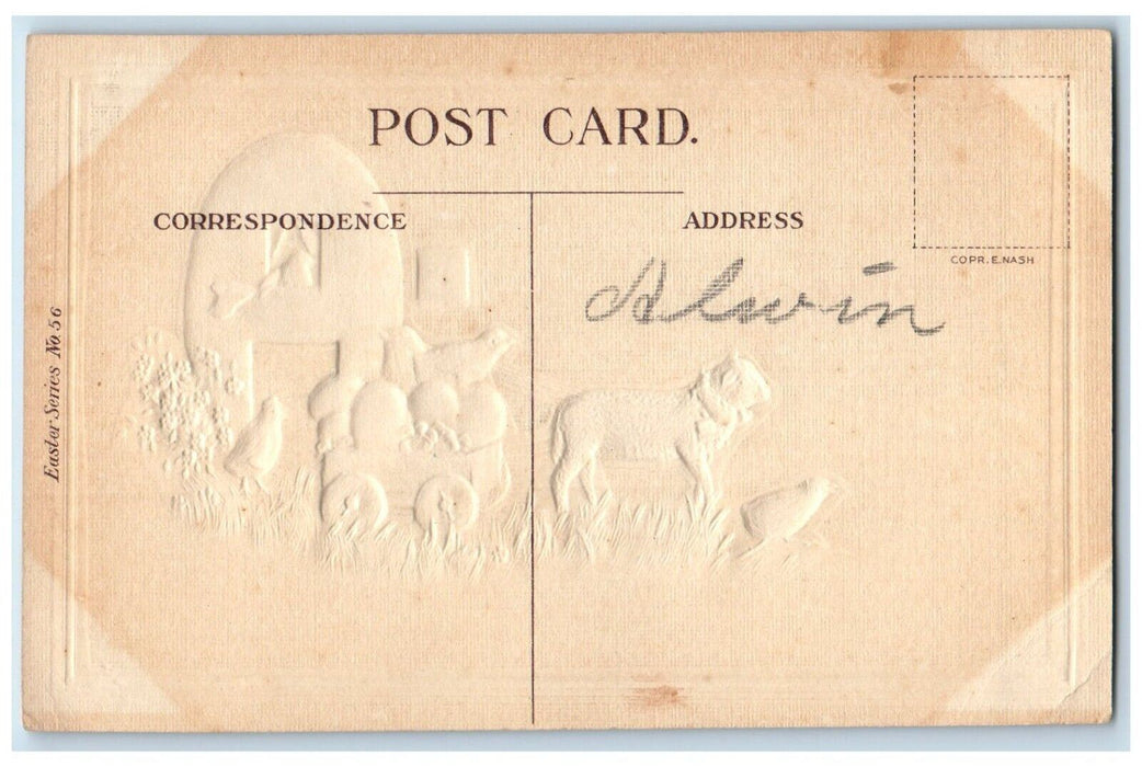 c1910's Easter Lamb Pulling Wagon Eggs Pansies Flowers Embossed Antique Postcard