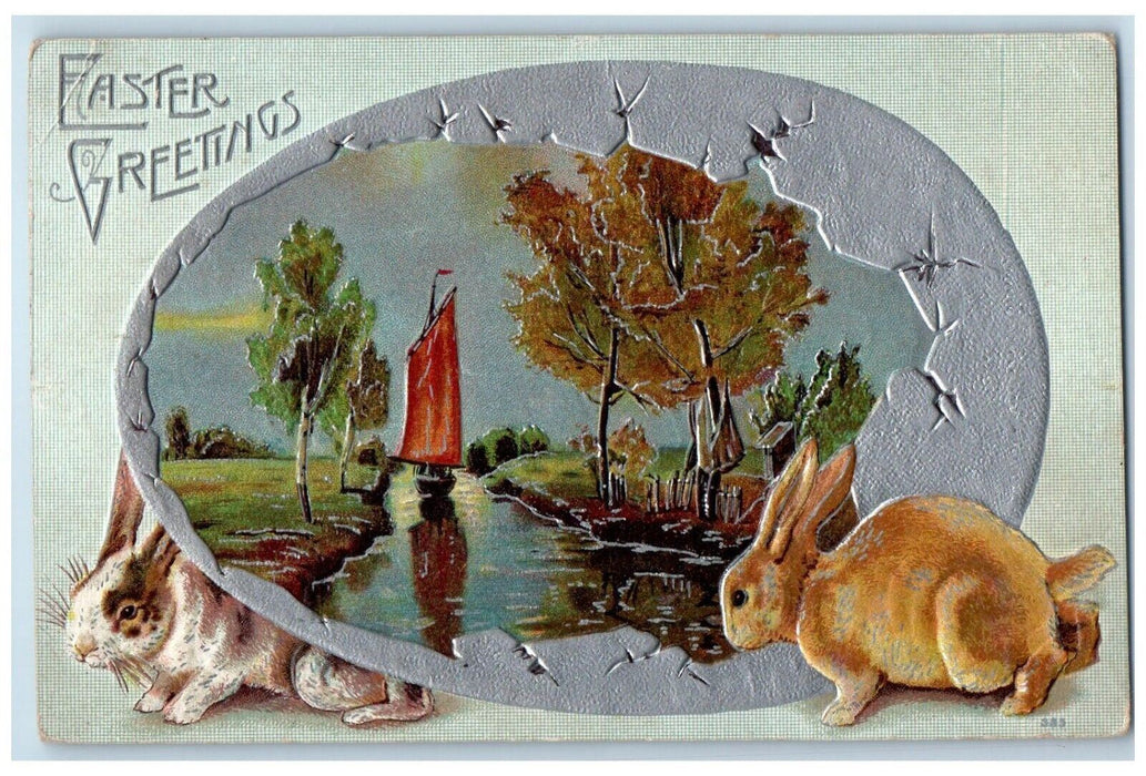 1914 Easter Greetings Bunny Rabbit Hatched Egg Embossed Posted Antique Postcard