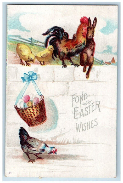 1907 Easter Wishes Rooster Chicken Hen Rabbit Basket Eggs Clapsaddle Postcard