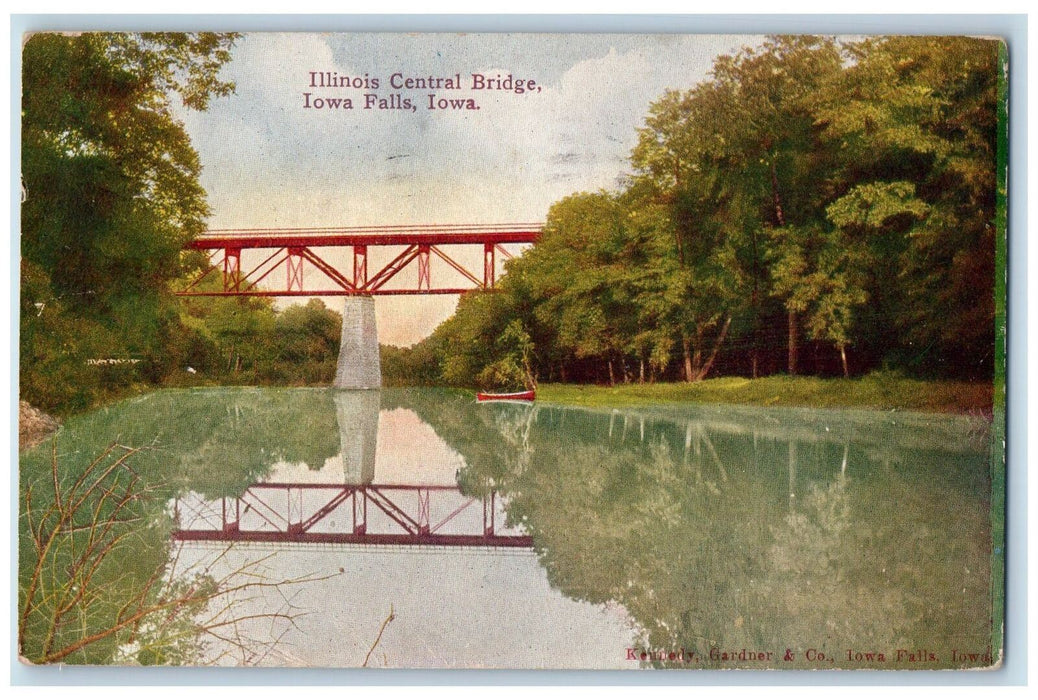 1910 Illinois Central Bridge Boat River Lake Forest Iowa Falls Iowa IA Postcard