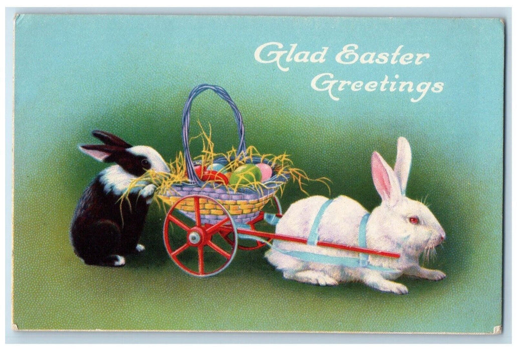 c1910's Easter Greetings Bunny Rabbit Pulling Cart Basket Eggs Posted Postcard