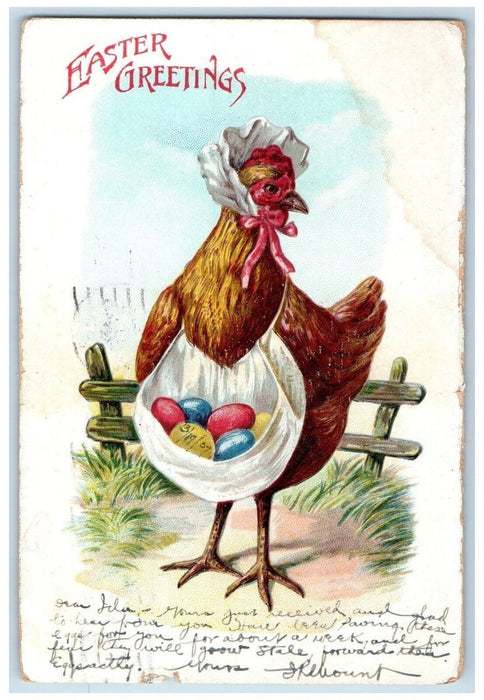 1907 Easter Greetings Anthropomorphic Chicken Hen Eggs Fence Embossed Postcard