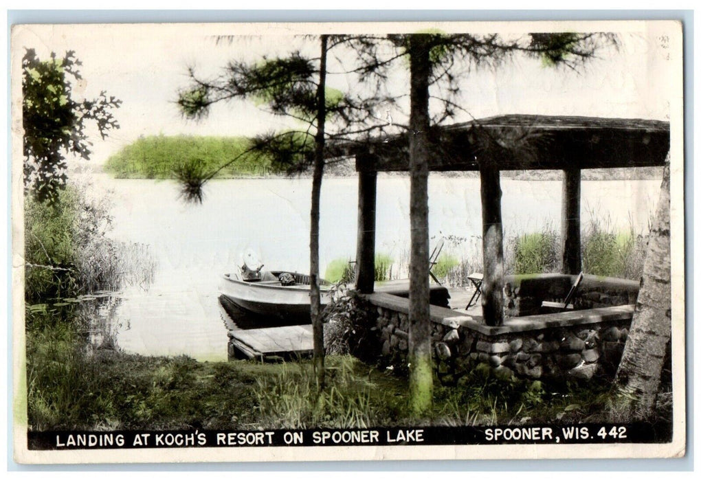 1949 Landing Koch's Resort Boat Lake Spooner Wisconsin WI RPPC Photo Postcard