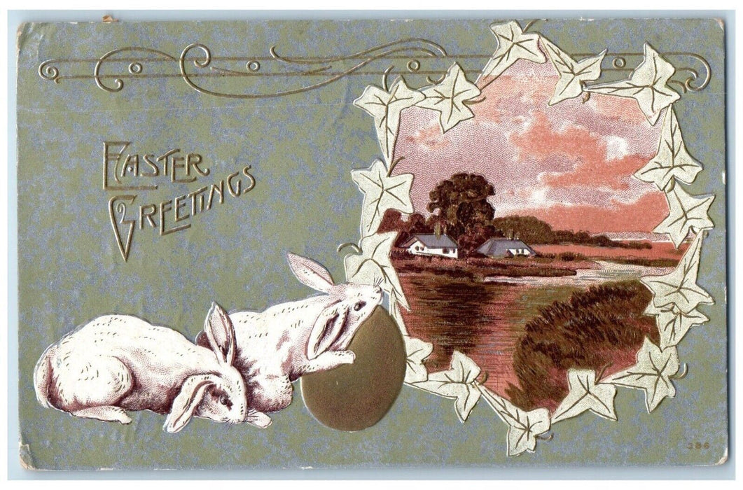 1911 Easter Greetings Bunny Rabbit Egg Holly Leaf Embossed Red Wing MN Postcard