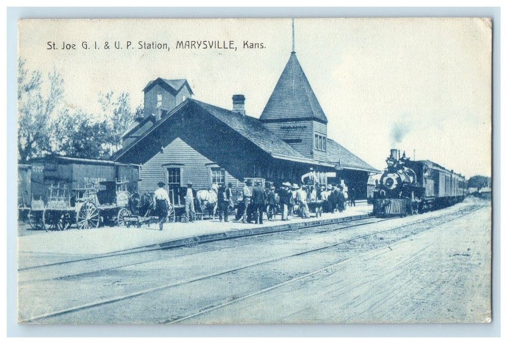 1909 St. Joe G. I. & U. P. Station Depot Marysville Kansas KS Antique Postcard
