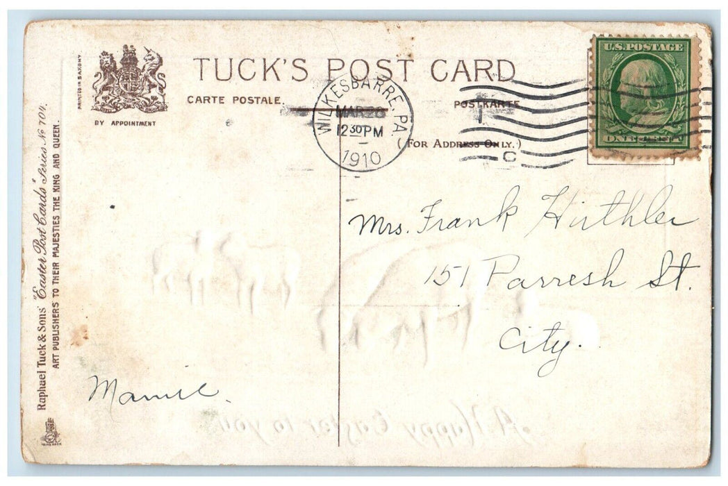 1910 Easter Lamb Flowers Embossed Wilkes Barre PA Posted Antique Tuck's Postcard