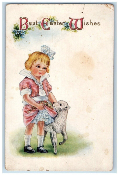 c1910's Easter Wishes Little Girl Lamb Pansies Flowers Embossed Posted Postcard