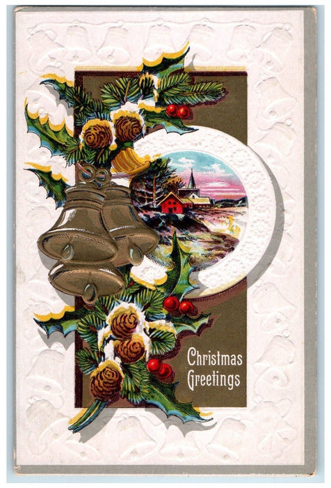 c1910's Christmas Greetings Ringing Bells Pine Cone Ballston Spa NY Postcard