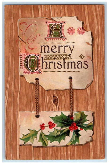 1908 Merry Christmas Holly Berries Embossed Sidney New York NY Antique Postcard