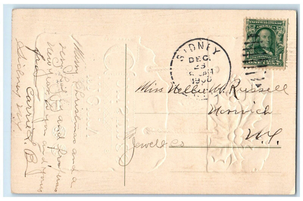 1908 Merry Christmas Holly Berries Embossed Sidney New York NY Antique Postcard