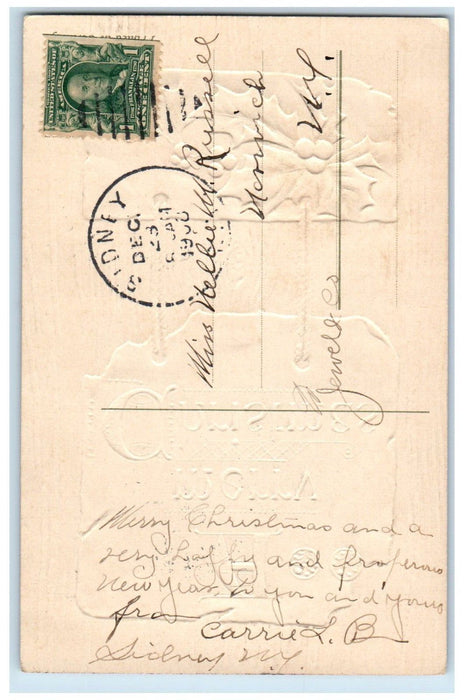 1908 Merry Christmas Holly Berries Embossed Sidney New York NY Antique Postcard