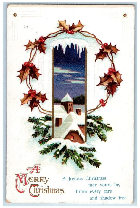1913 Christmas Holly Berries Pine Cone House Winter Providence RI Postcard