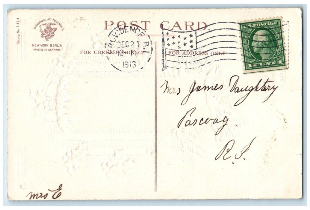 1913 Christmas Holly Berries Pine Cone House Winter Providence RI Postcard