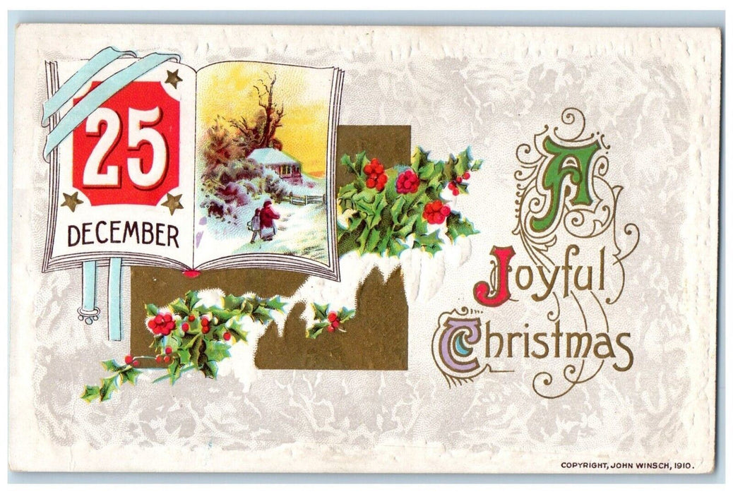 c1910's Christmas John Winsch December 25 Holly Berries Artist Signed Postcard