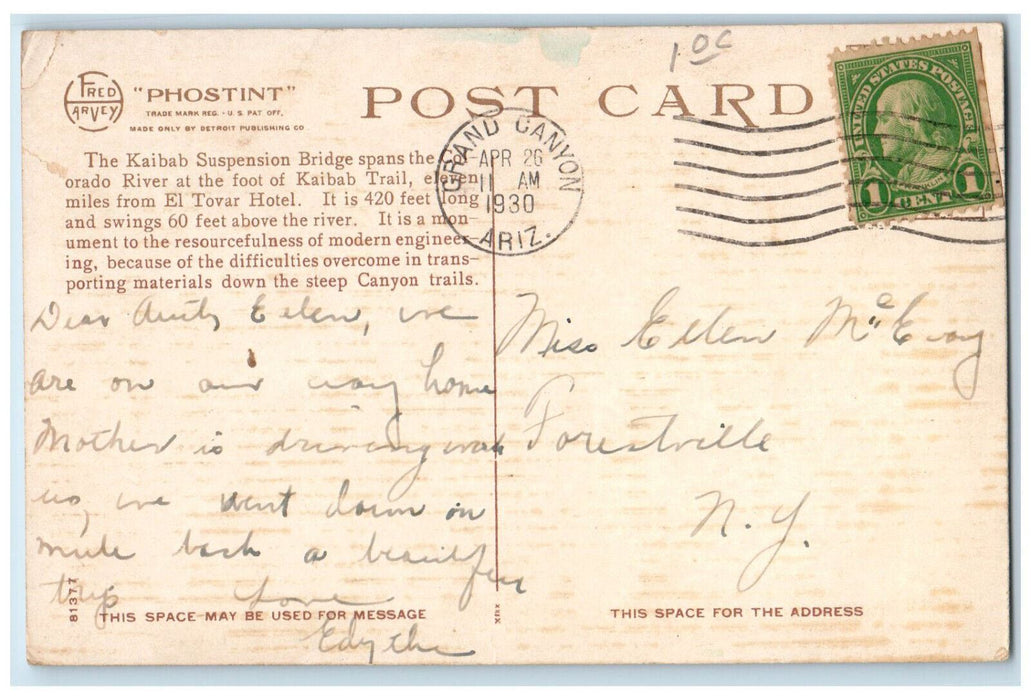 Suspension Bridge Colorado River Grand Canyon AZ Fred Harvey Phostint Postcard