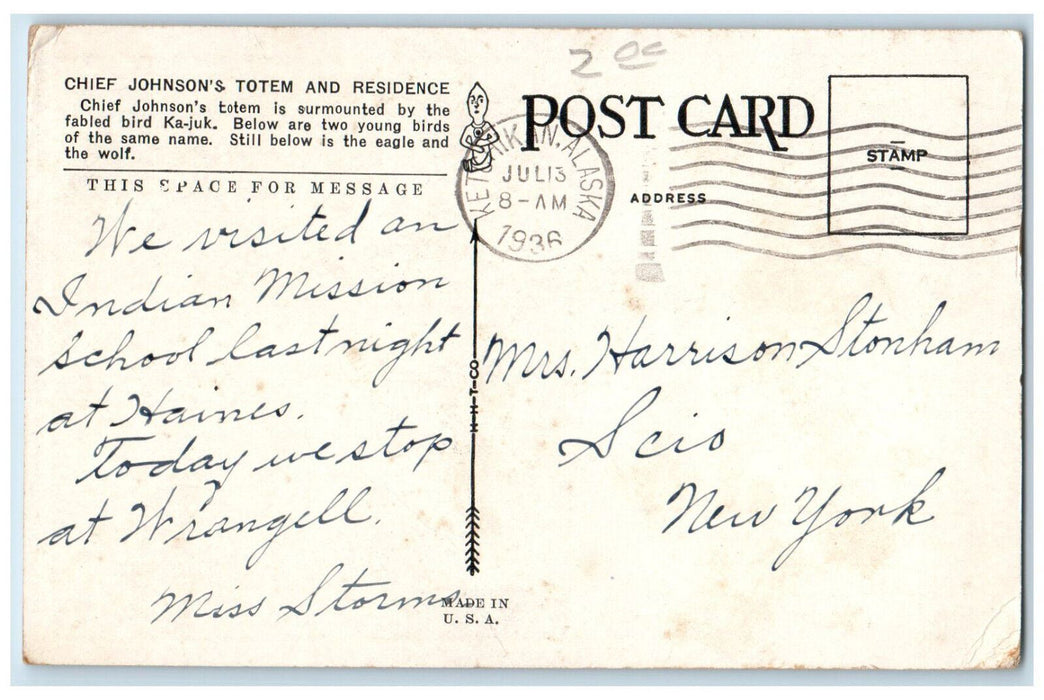 1936 Chief Johnson's Totem And Residence Ketchikan Alaska AK Vintage Postcard