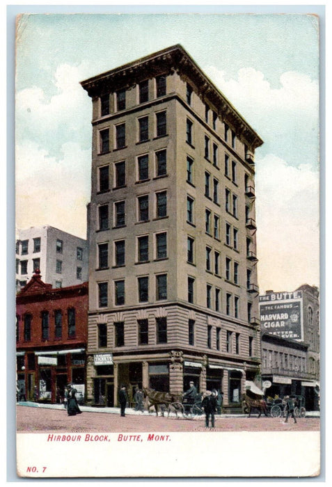 Hirbour Block Building Stores Shops Road View  Butte Montana MT Antique Postcard