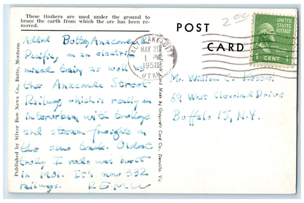 1950 Unloading Timbers Steward Mine Butte Montana MT, Salt Lake City UT Postcard