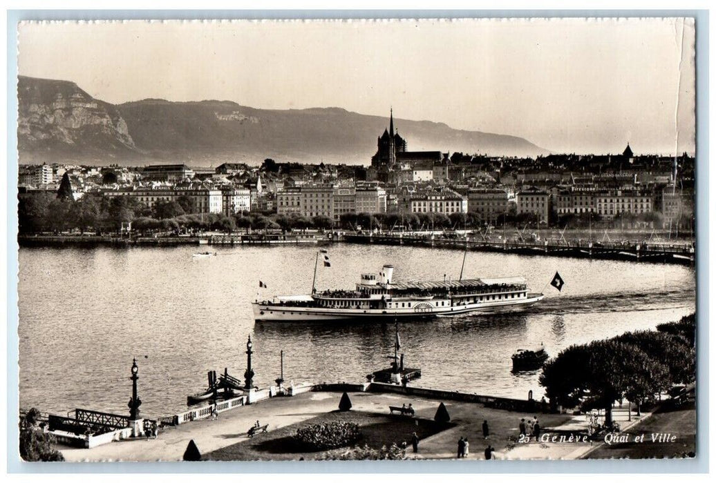 1955 Geneva Steamship Mountains View Switzerland RPPC Photo Posted Postcard