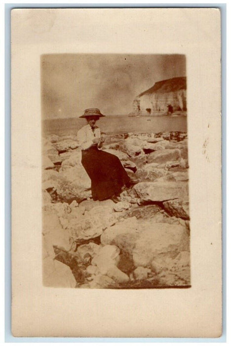 c1910's Woman Hat Smugglers Cave View Thornwick Bay England Photo Postcard