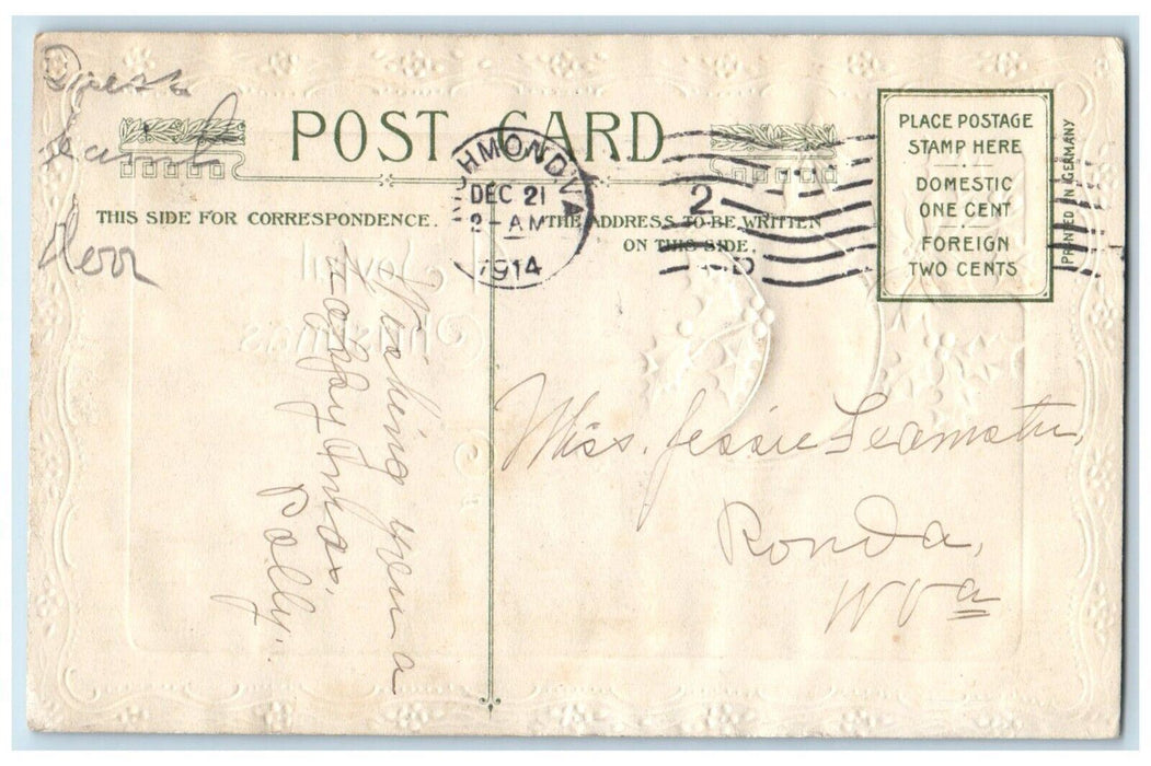 1914 Christmas Poinsettia Flowers Holly Berries John Winsch Richmond VA Postcard
