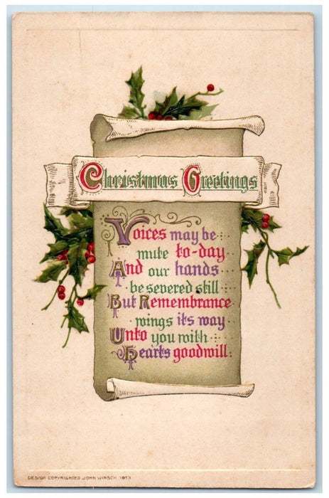 c1910's Christmas Greetings Holly Berries John Winsch Artist Signed Postcard