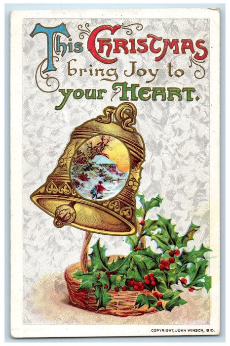 c1910's Christmas Ringing Bell Holly Berries John Winsch Artist Signed Postcard
