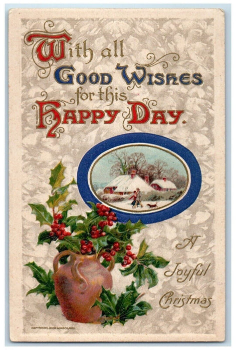 1910 Christmas Holly Berries In Jar John Winsch Artist Signed Embossed Postcard